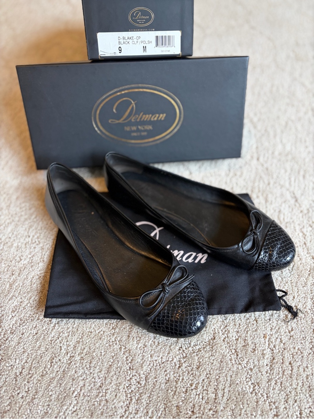 Delman Black Leather Ballet Flats with Textured Cap and Bow
